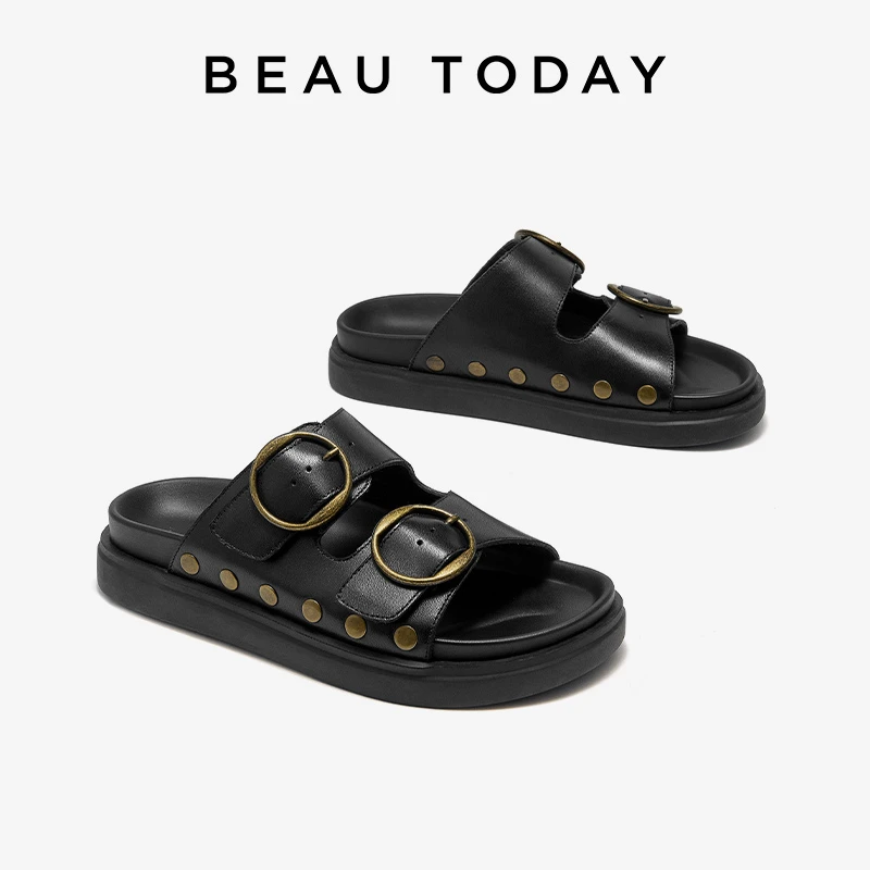 BeauToday厚底罗马凉鞋女真皮沙滩凉鞋女外穿夏季休闲凉鞋勃肯鞋