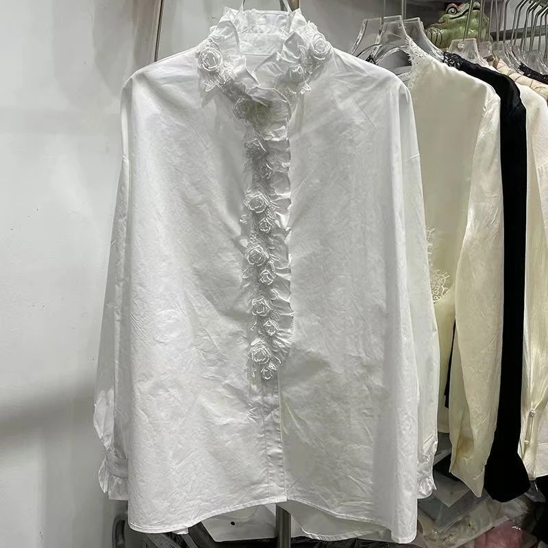 欧货春季立体钉珠花朵木耳花边单排扣宽松白色衬衫女花边领小衫潮