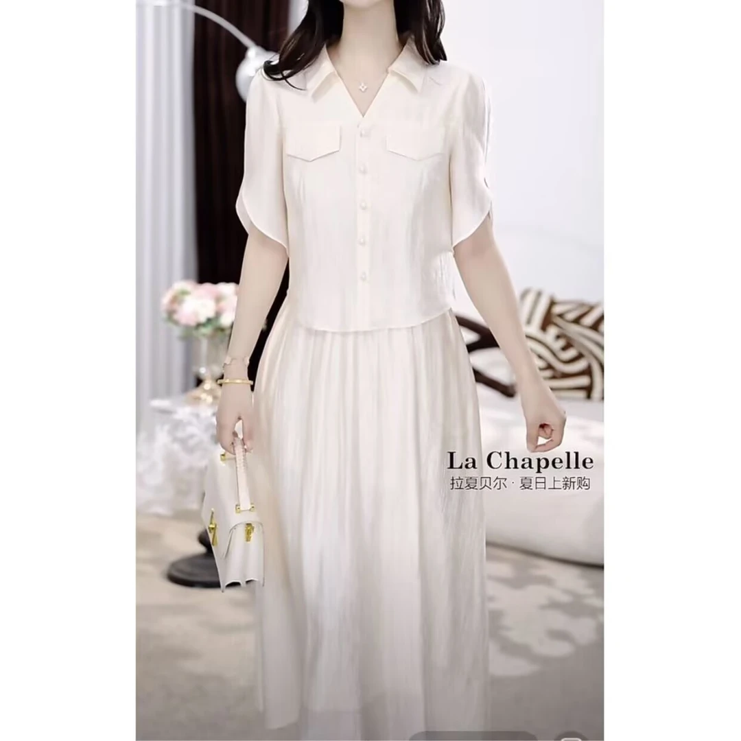 【拉夏贝尔】夏季法式设计感显瘦松紧腰短袖连衣裙