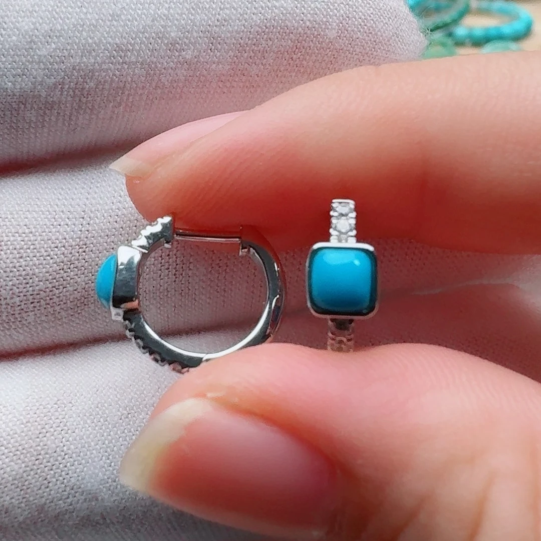 绿松石银S925镶嵌珠宝奇石精致方糖耳扣