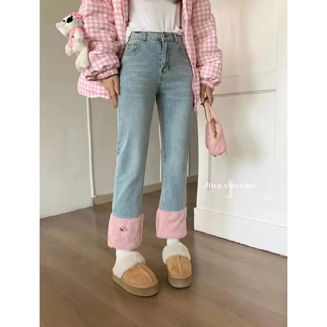 直筒显瘦烟管裤毛毛翻边设计新款大码女秋冬后腰松紧女8856