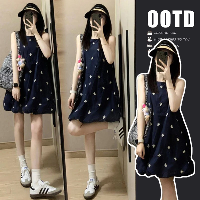 矮小个子孕妇夏装新款刺绣蝴蝶结背心裙宽松高级感显瘦无袖花苞裙