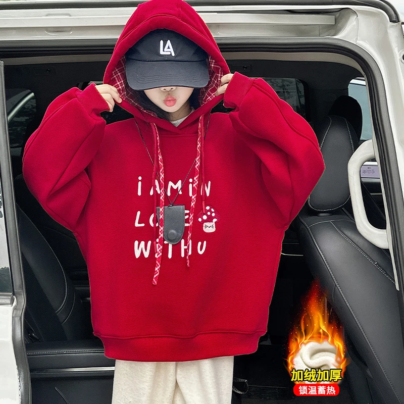 女童冬装卫衣2025新款休闲百搭中大童加绒加厚连帽卡通字母卫衣