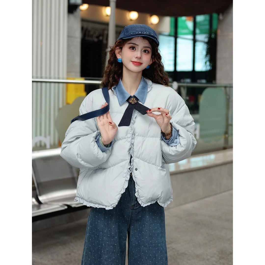 韩版复古圆领花边拼接单排扣棉服女冬季新款加厚保暖宽松显瘦棉衣