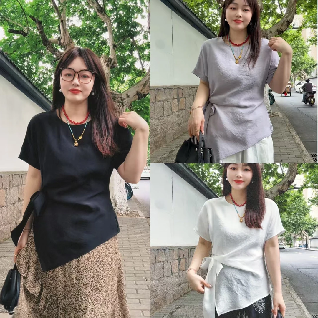 6192-小蛮腰亚麻显瘦极简纯色上衣