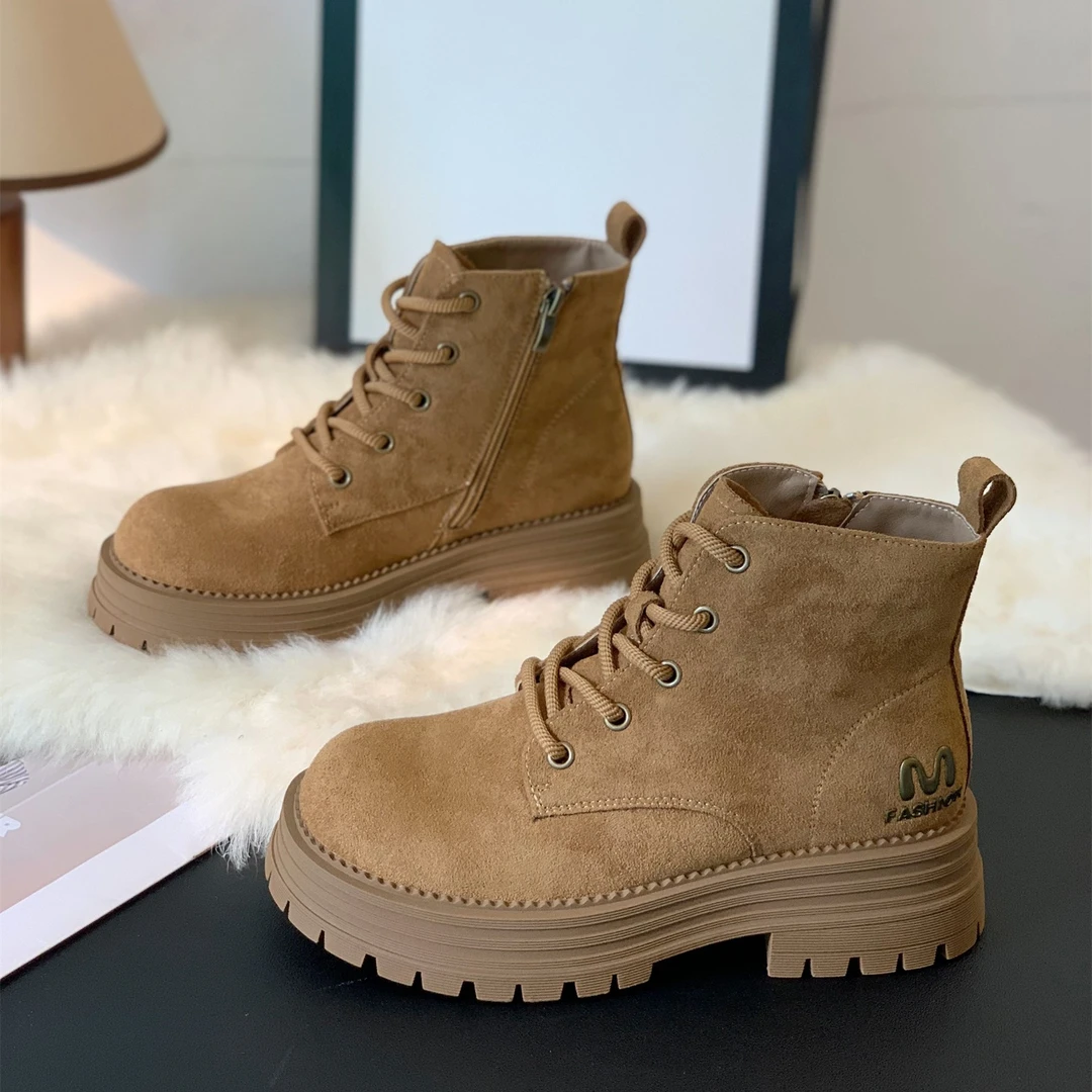 欧美厚底粗跟增高复古绒面侧拉链系带马丁靴2025秋冬新款潮酷短靴
