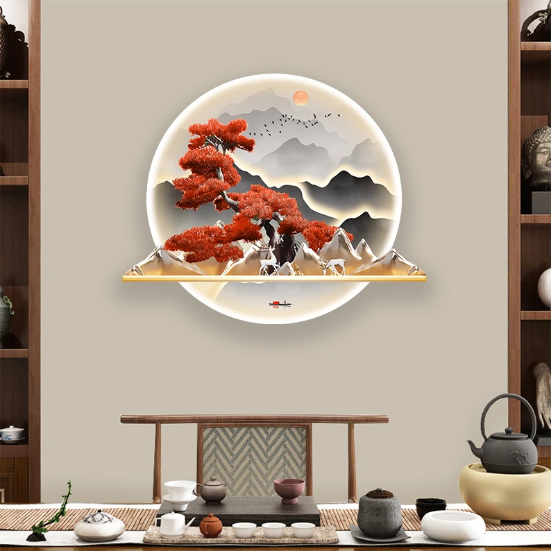 入户玄关装饰画新中式山水迎客松走廊壁画轻奢背景墙挂画