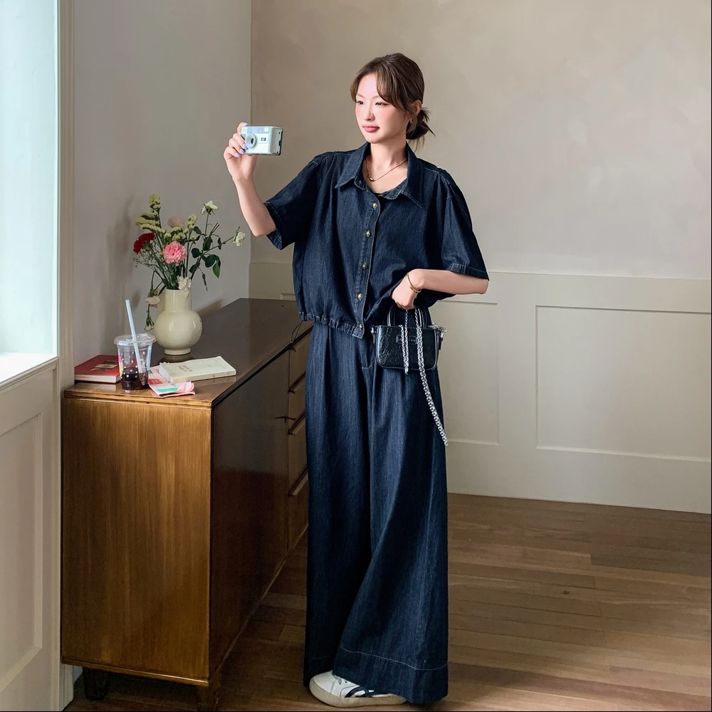 盐系复古牛仔时尚套装女夏2025新款薄款宽松衬衣阔腿裤休闲两件套