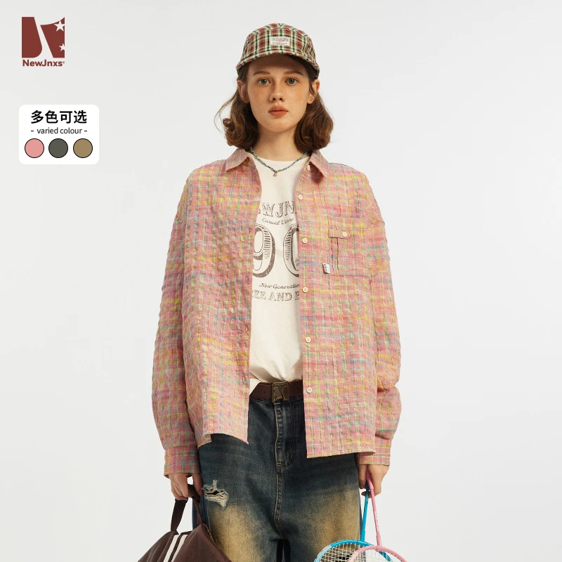 JNXS美式复古泡泡纱翻领格子衬衫短袖宽松外套JN43D06