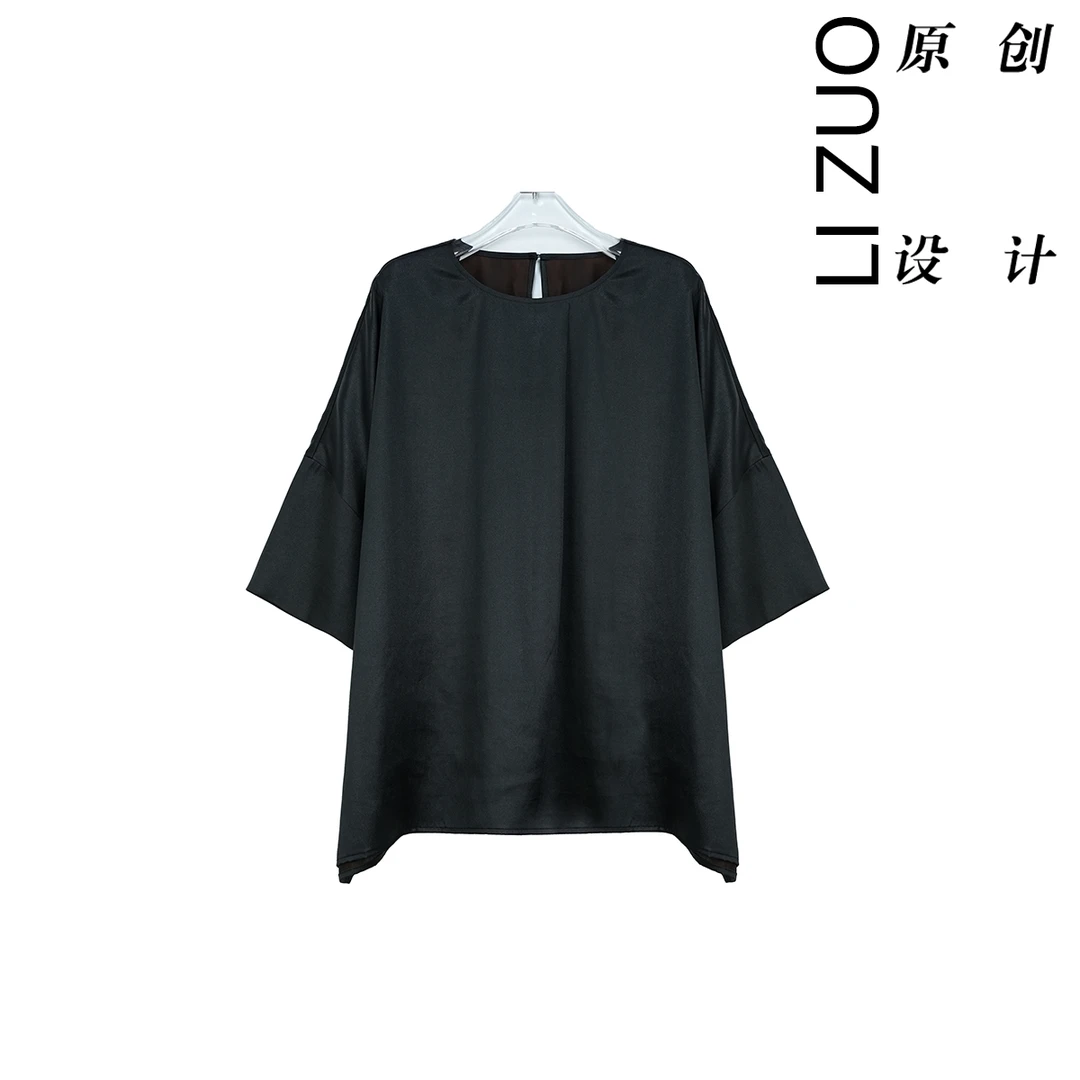 大码胖mm老钱风30姆米素皱缎香云纱百搭时尚圆领落肩袖上衣9287