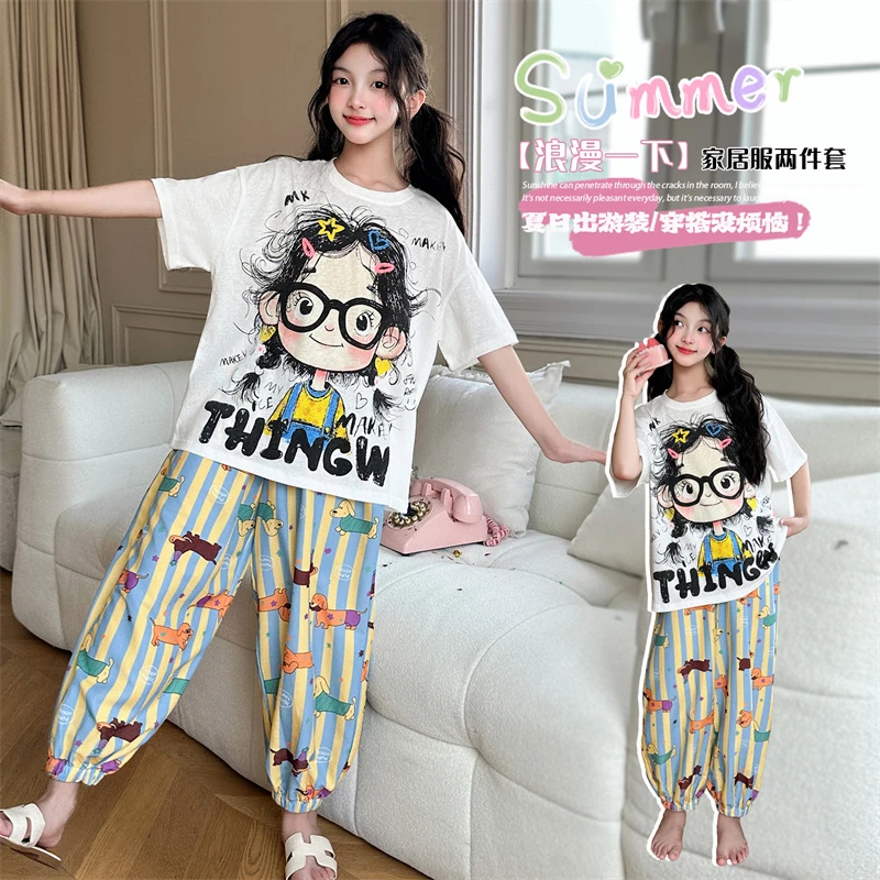 女童短袖套装夏装新款中大童网红卡通T恤休闲裤两件套夏季空调服
