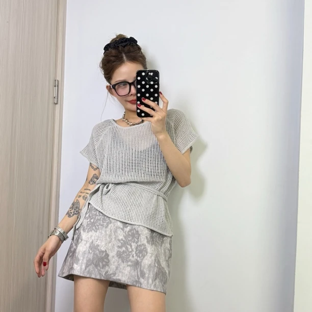 【San W】夏季小众设计款高级灰无袖镂空针织衫圆领休闲风百搭