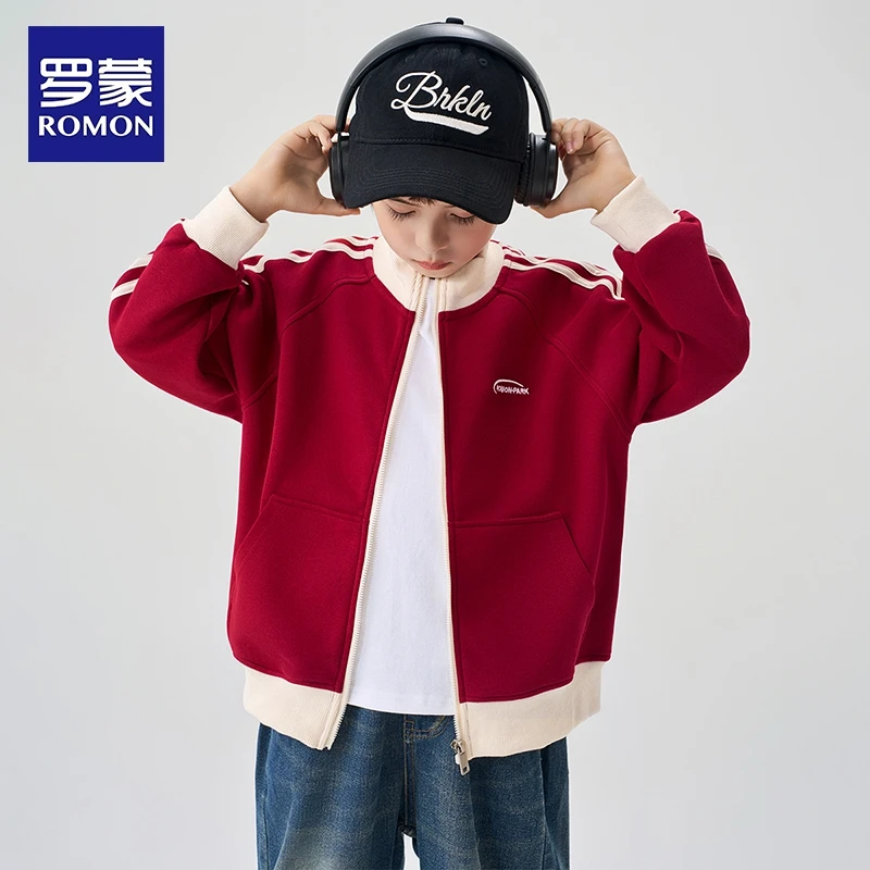 罗蒙童装男童外套春秋款中大童立领红色儿童复古棒球服运动卫衣潮