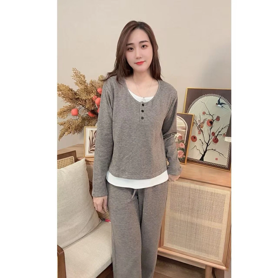 睡衣女冬季新款羊绒长袖长裤休闲可外穿家居服套装（拼接假两件）
