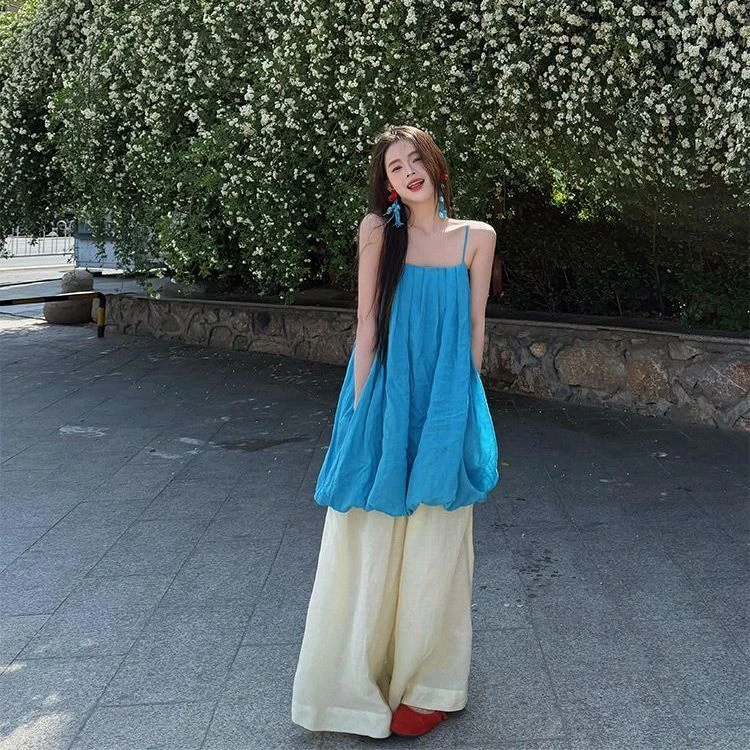 甜美风设计感蓝色花苞吊带背心女夏季宽松休闲裤阔腿裤韩系两件套
