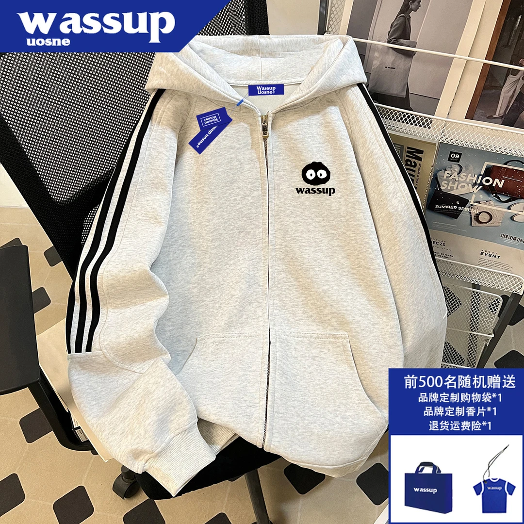 ins美式潮牌连帽卫衣男秋季款cleanfit痞帅慵懒风三条杆拉链开衫