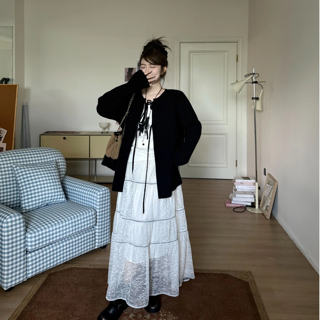 晶咕软软【好搭选手】温柔慵懒风休闲百搭简约系带针织开衫