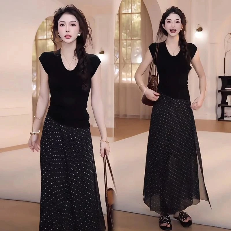 时尚套装裙女2025夏季新款洋气领短袖上衣高腰波点半身裙两件套