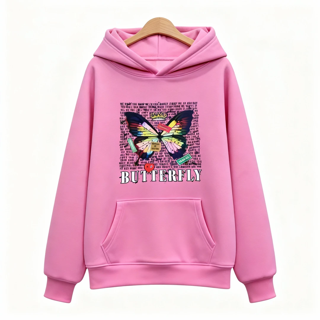 407加绒宽松版长袖连帽卫衣印花连帽衫秋冬【花120】2501玫粉一号