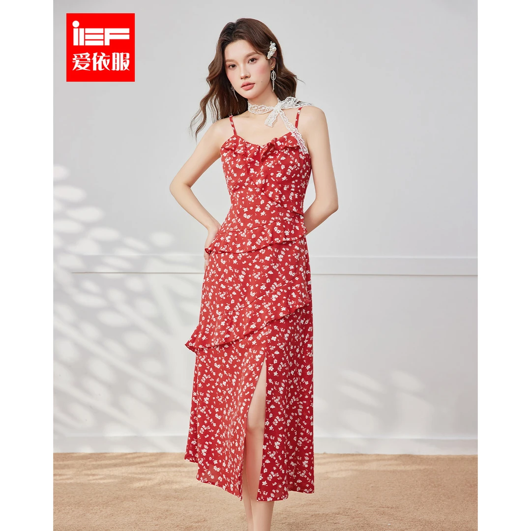 IEF/爱依服裙子2025夏季新款法式浪漫淑女气质度假风碎花吊带长裙