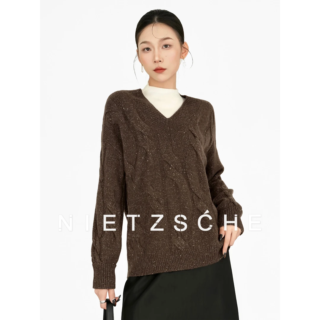 尼采 官方直营｜琥珀琉光羊绒衫｜轻奢高克重绞花气质领毛衣25219
