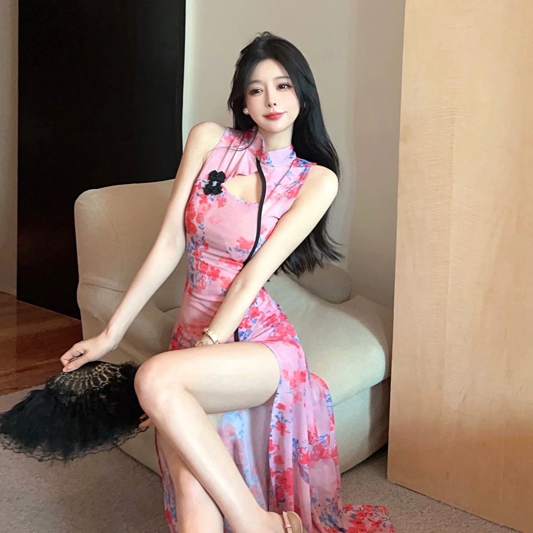 优雅风高腰印花立领A字裙长款气质修身连衣裙夏季开叉包臀裙收腰