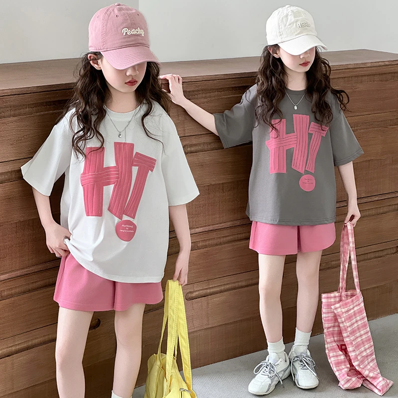 女童夏季短袖t恤套装2025新款儿童白色体恤女孩大童夏装上衣宽松