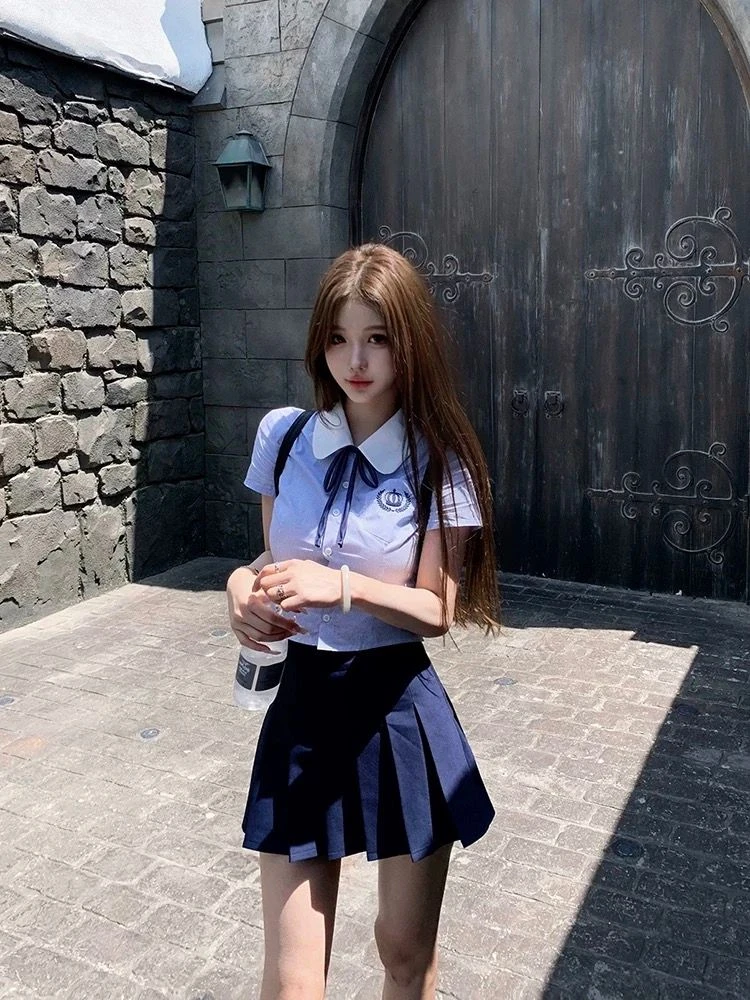 JMSHOP 樱岛学姐 蓝色学院风衬衫百褶裙jk套装女夏季高级感两件套