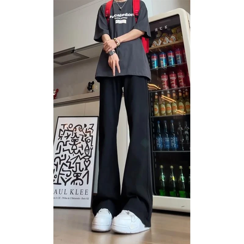 美式vibe风裤子黑色高腰软牛仔裤男款高个子加长修身直筒微喇长裤