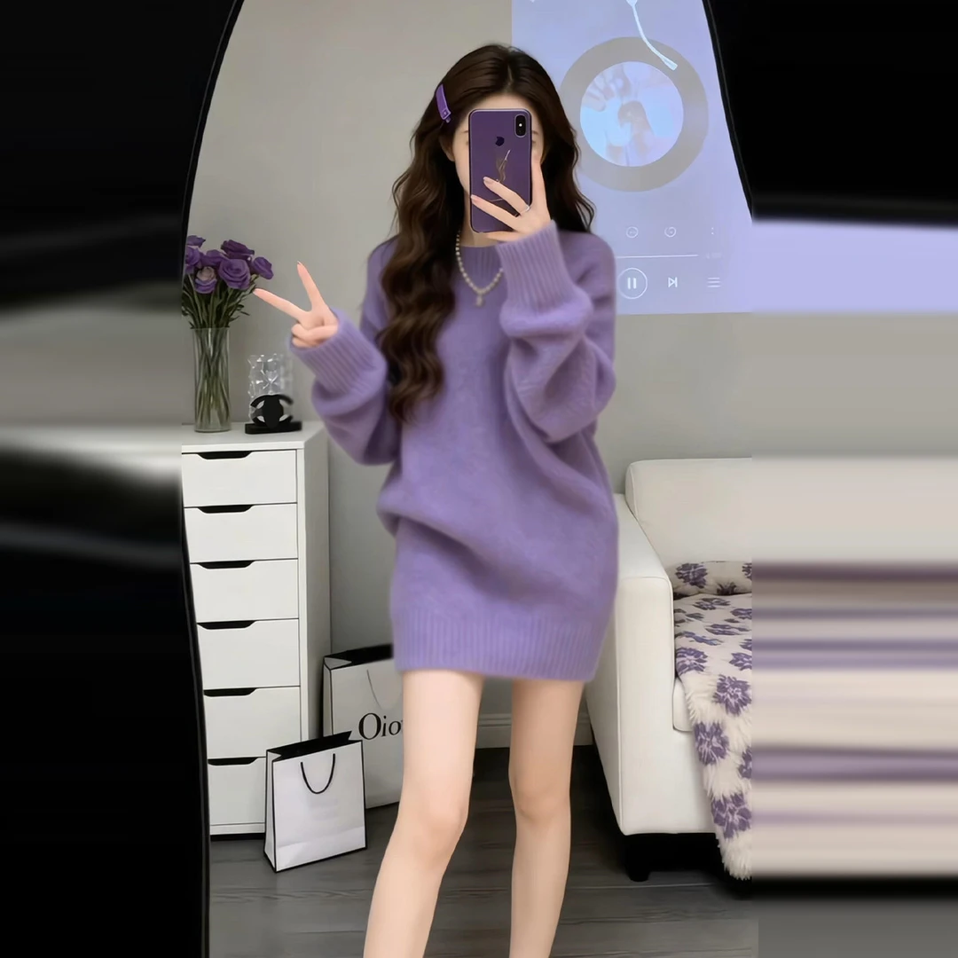 2026新款巨好看宽松紫色针织毛衣连衣裙子女秋冬配大衣内搭a字裙