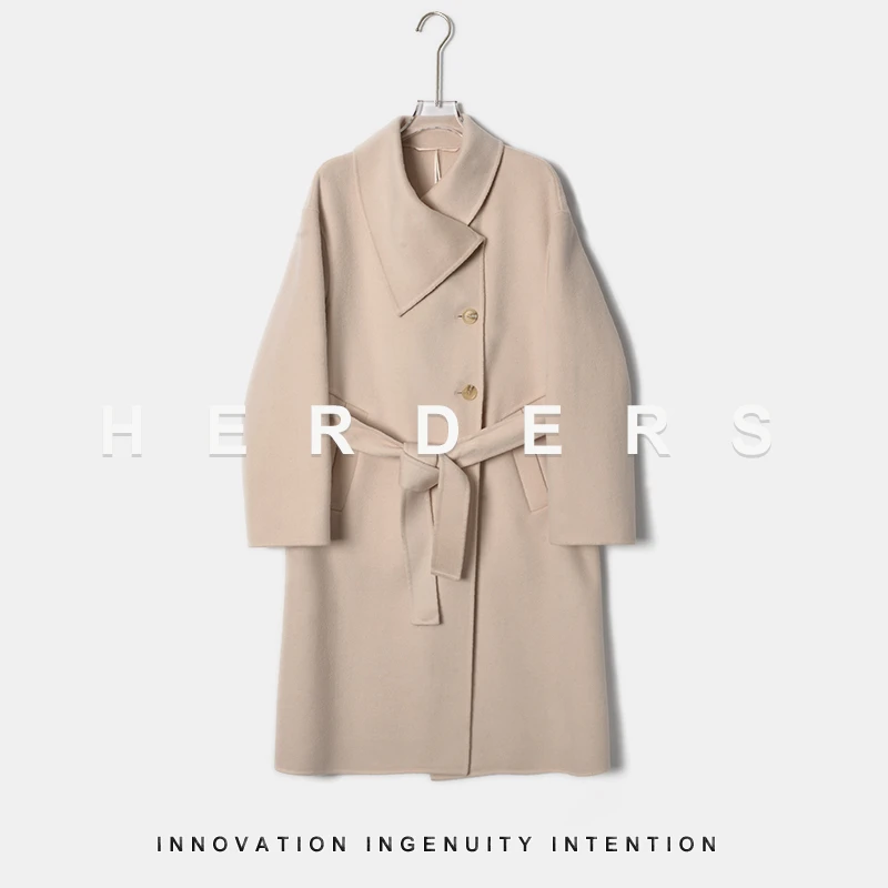 HERDERS 长款小翻领纽扣款系带双面呢外套 255815
