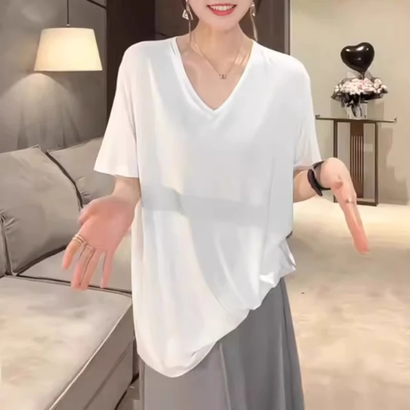 醋酸白色v领正肩短袖t恤夏季胖mm大码女装宽松遮肉显瘦打底衫上衣