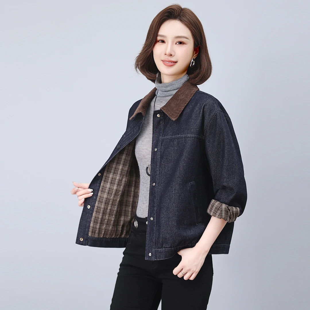 拼接翻领牛仔短外套女春秋季新款2025年中年妈妈宽松显瘦气质上衣