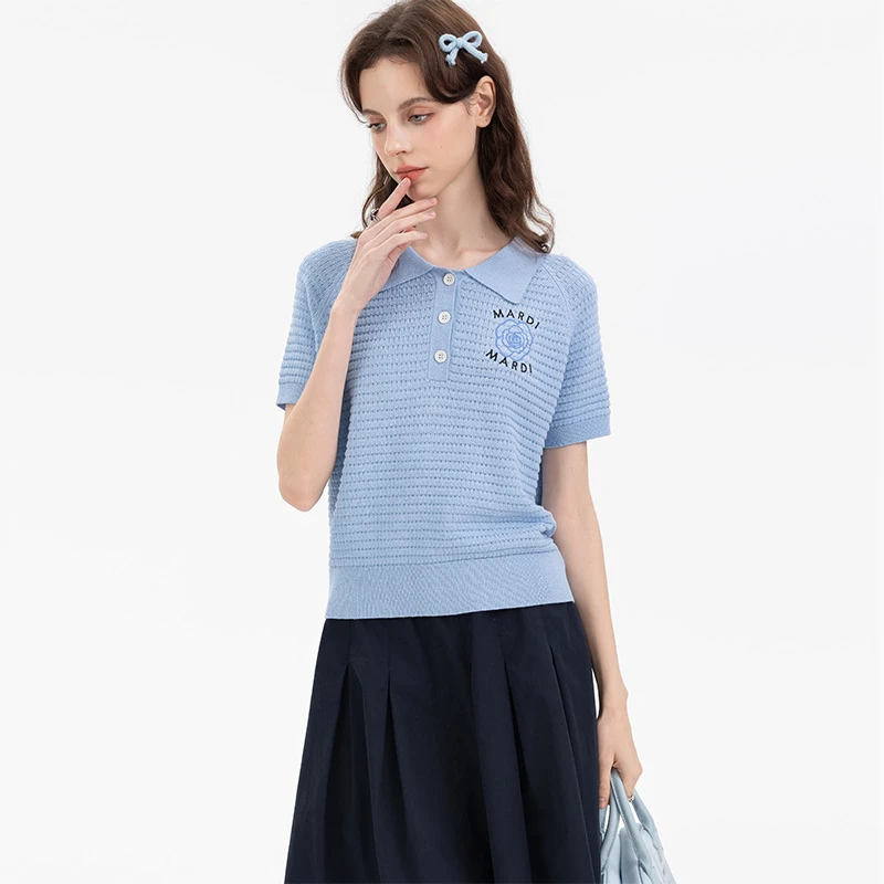 MARDI/玛尔帝韩系学院风镂空POLO领针织衫休闲小众轻奢潮牌短袖T