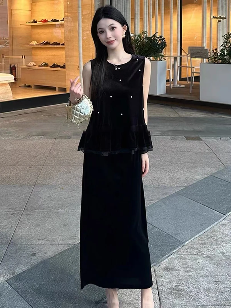 欧洲站时尚拼接网纱马甲百搭打底衫气质长裙套装