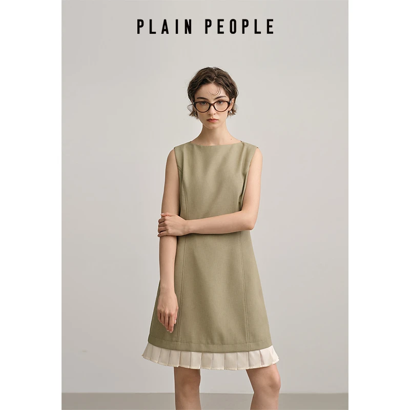 PLAIN PEOPLE【学院轻通勤】拼接百褶下摆无袖背心连衣裙2025春款