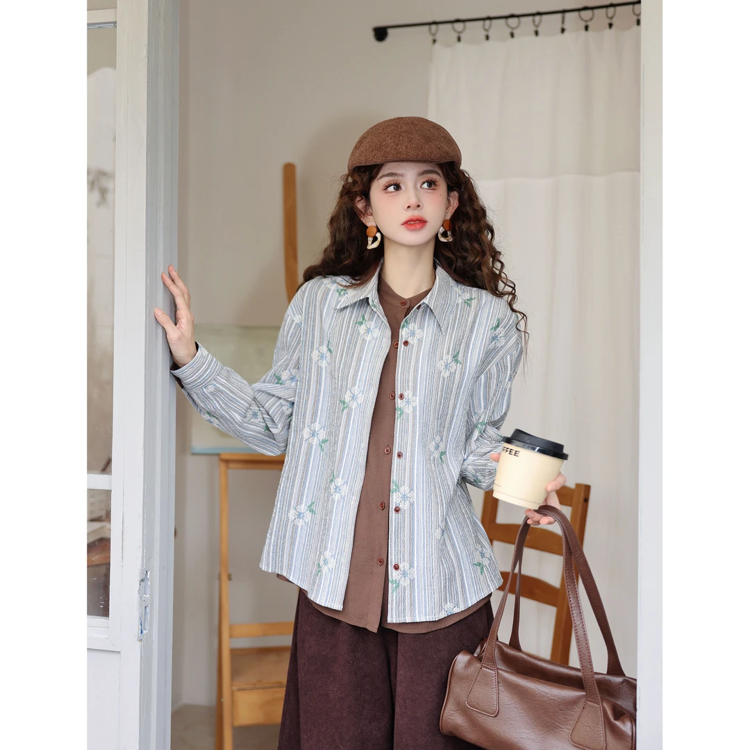 陈大器【​​月下涟漪】复古港风刺绣假俩件宽松百搭衬衫JB3328255