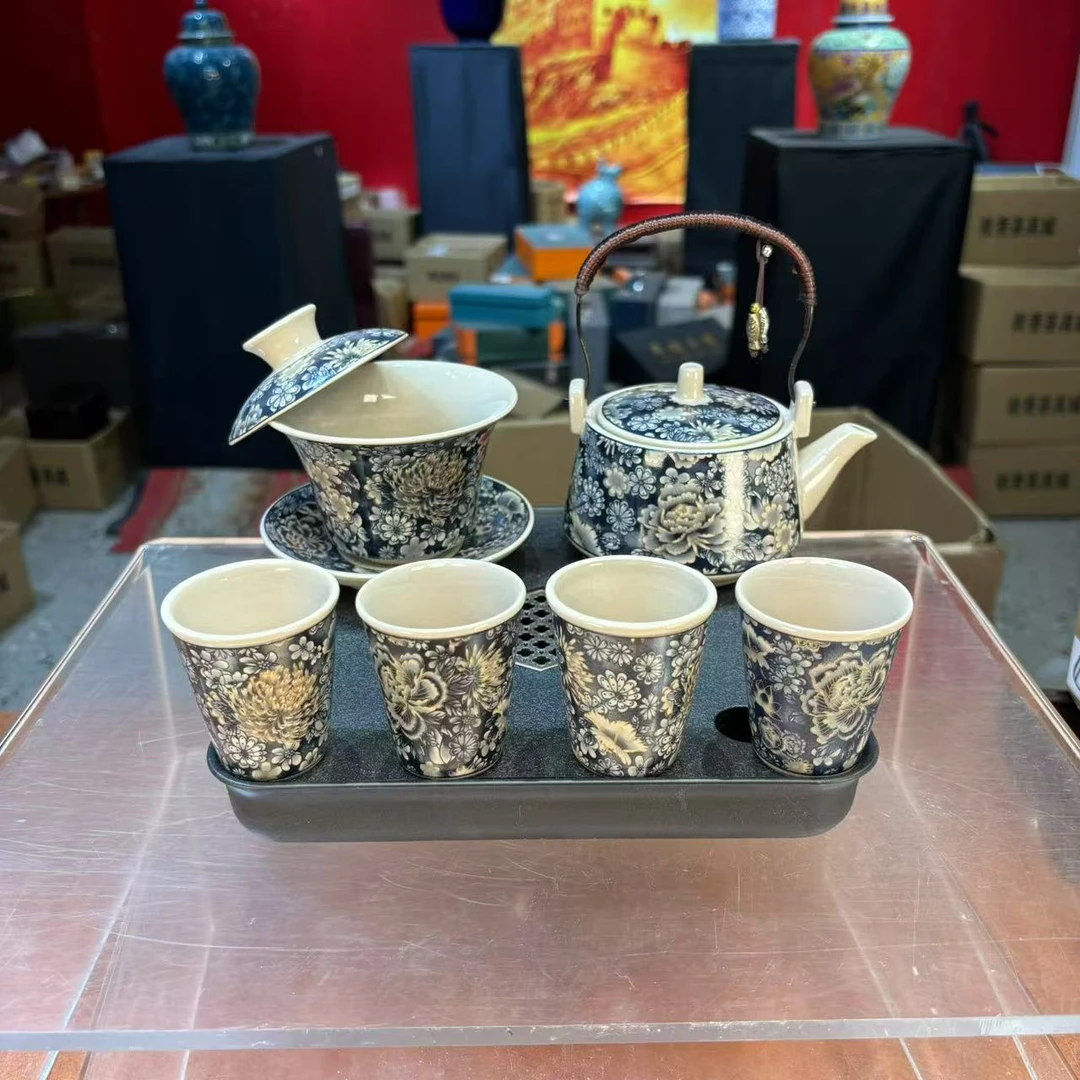秋香茶具 青花掐丝牡丹提梁壶一壶四杯小套装家用功夫茶具-3079
