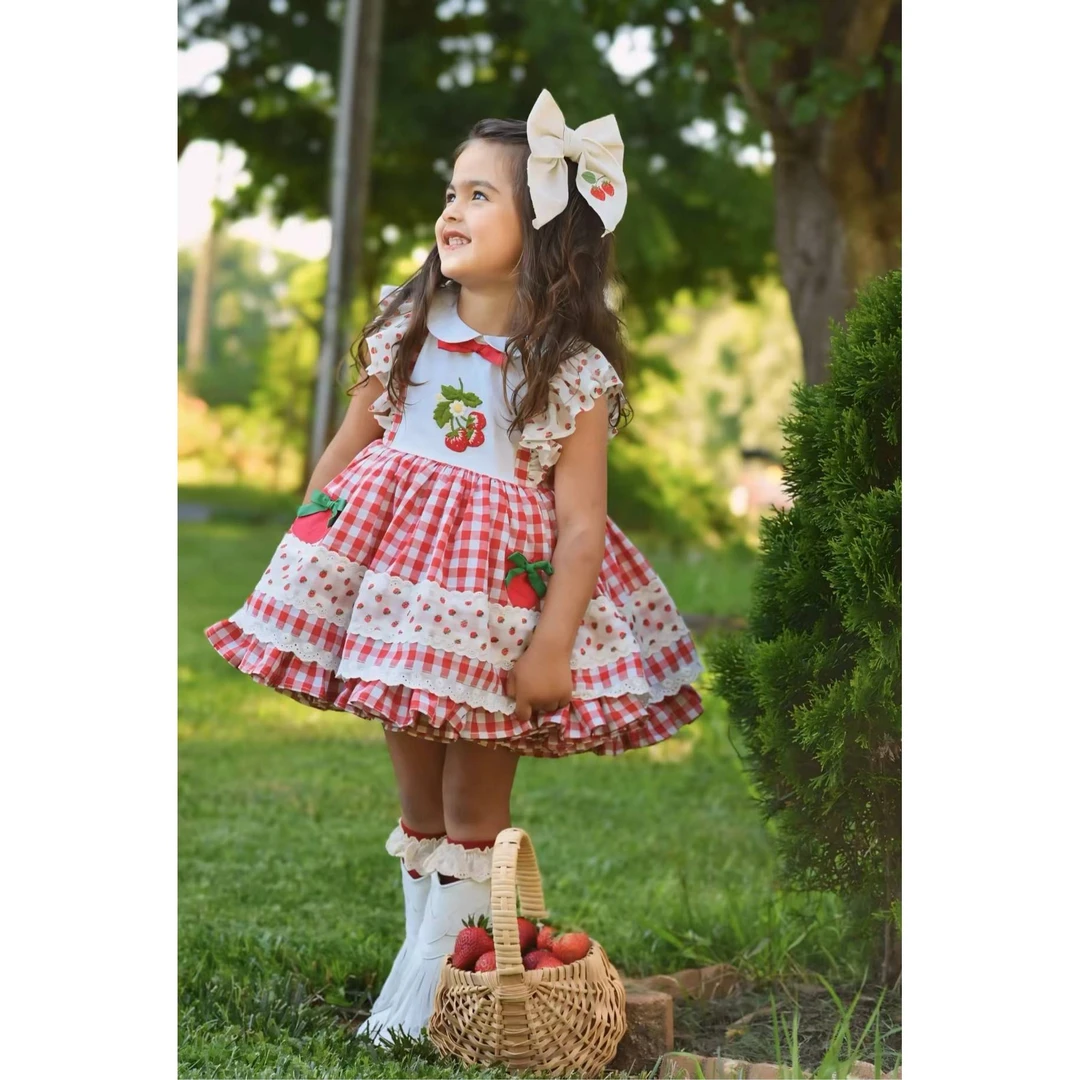 jannybb草莓系列甜美夏季套装女童日常格子格纹连衣裙儿童