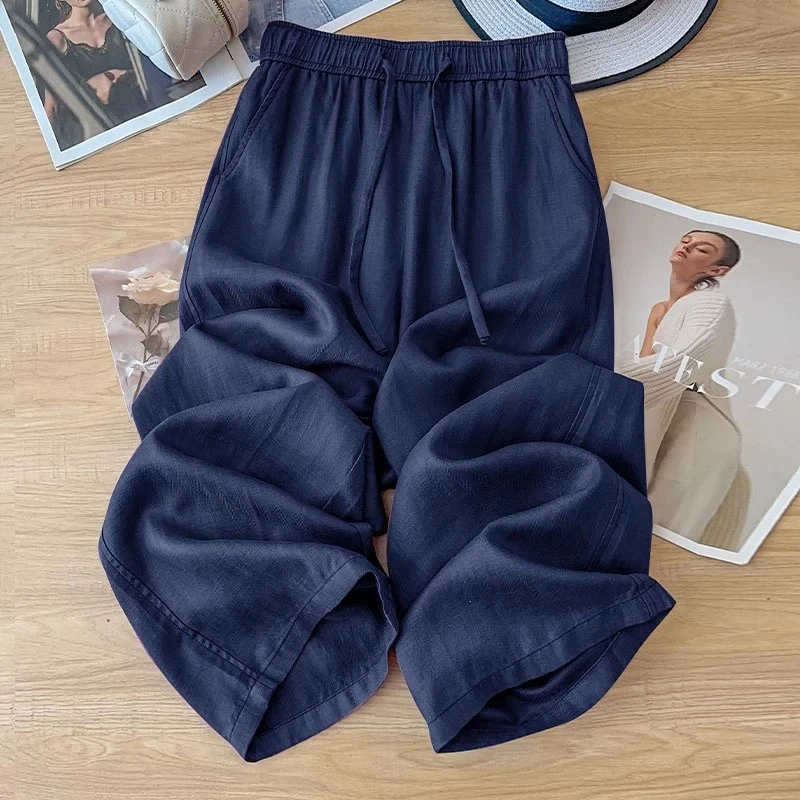 藏青色亚麻阔腿裤女夏季薄款2025新款麻料九分裤子苎麻棉麻直筒裤