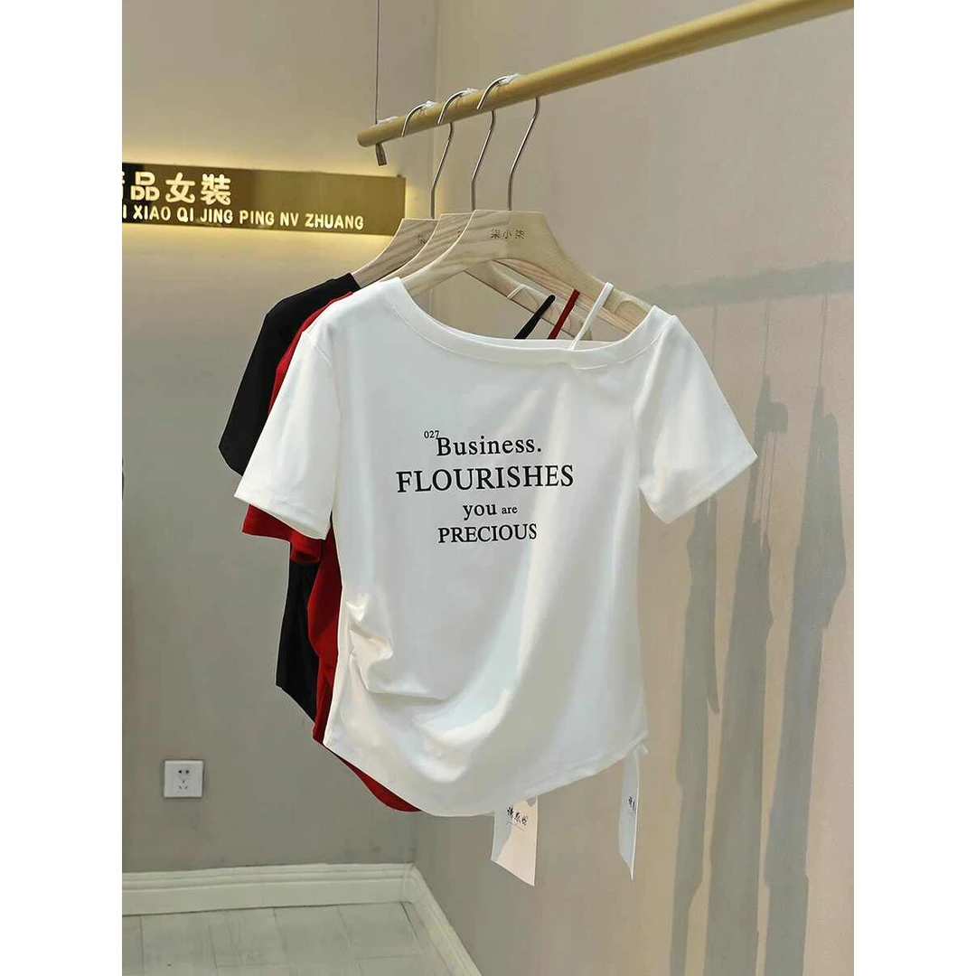 一眼就看上！韩系少女风斜肩短袖t恤女夏季休闲显瘦辣妹短款上衣潮