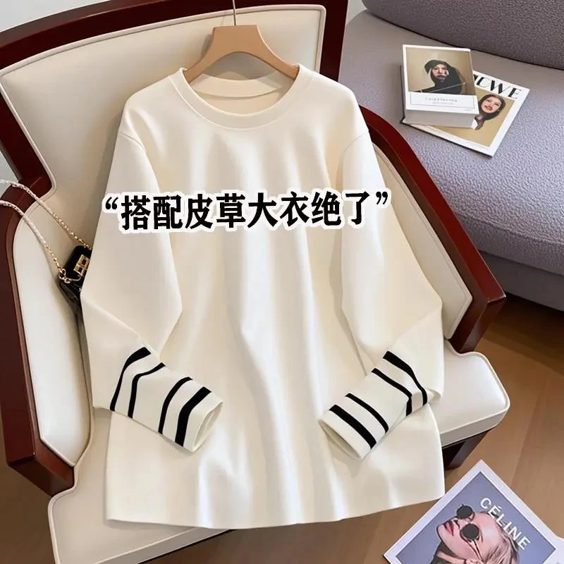 德绒中长款宽松长袖t恤女鲨鱼裤搭配的上衣推荐磨毛白色打底衫女