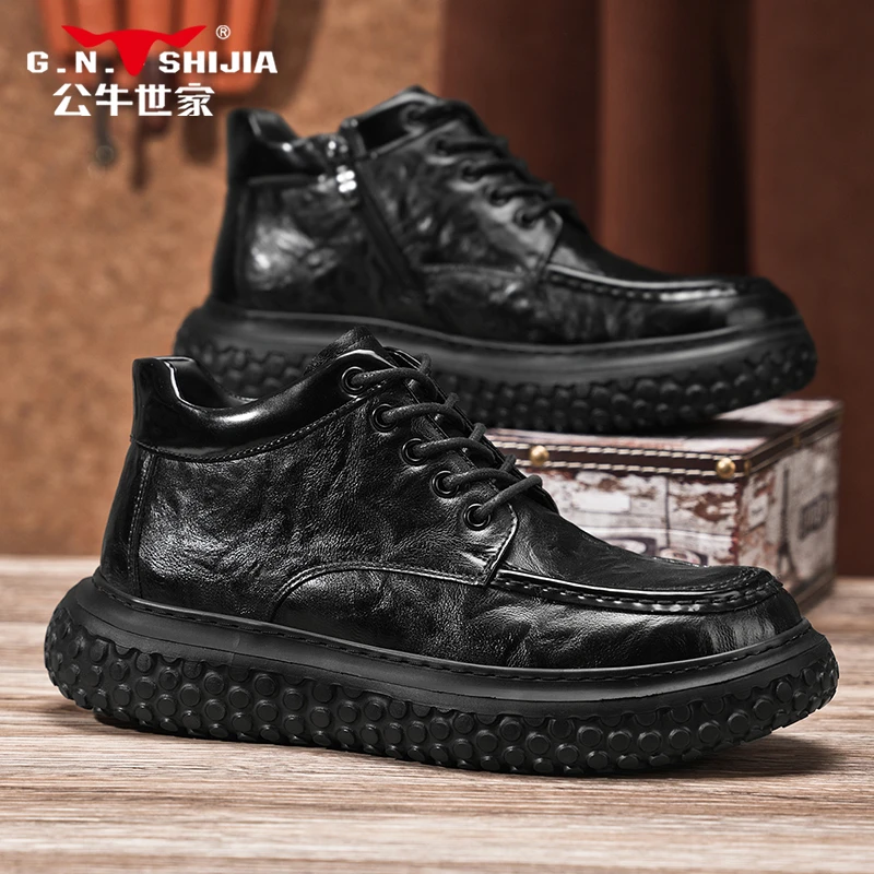 公牛世家马丁靴男爆款春季英伦风中帮软皮短靴男士百搭休闲皮鞋