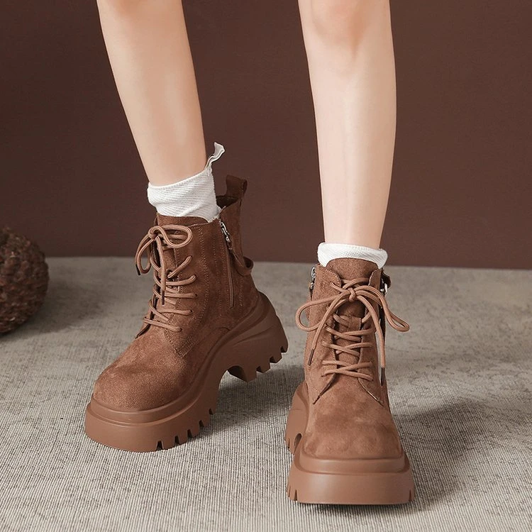 2025新款秋冬时尚马丁靴女百搭英伦风小皮鞋系带厚底增高短靴女