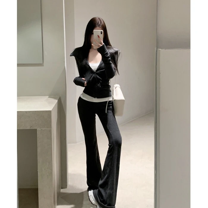 休闲套装慵懒修身连帽长袖卫衣外套女春季微喇叭长裤深灰色两件套