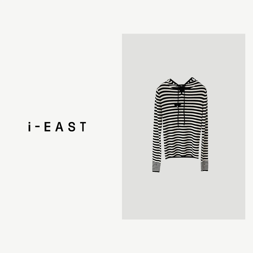 i-EAST 条纹小巧思~撞色黑白条 设计师纹连帽毛织衫-3D T11879