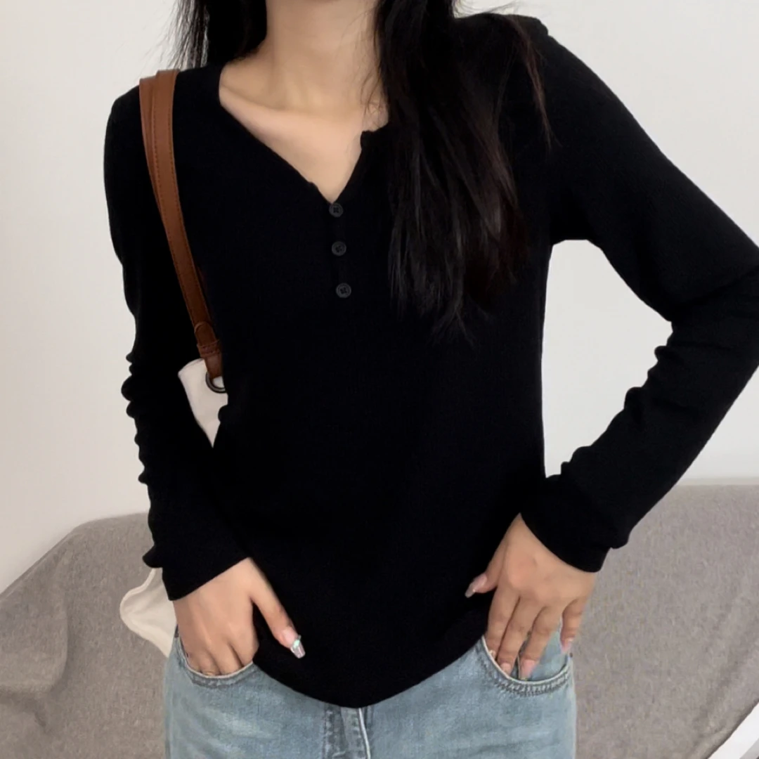 【BINLIN】小V领显瘦百搭休闲时尚上衣春秋正肩纯色长袖打底衫1191