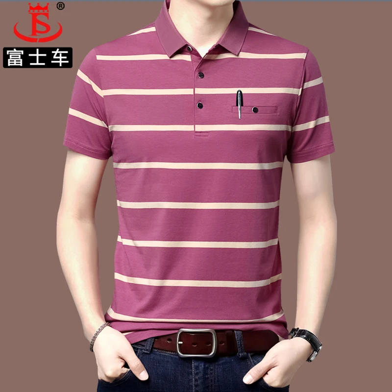 中老年男士短袖夏装宽松口袋品牌polo衫爸爸条纹翻领休闲男装上衣