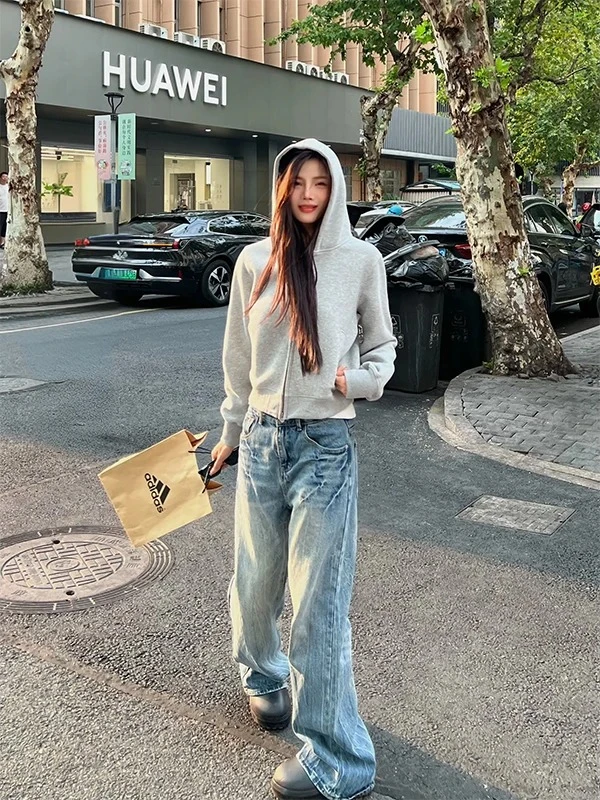 2025新款美式街头短款开衫连帽卫衣女ins潮流帽衫休闲显瘦