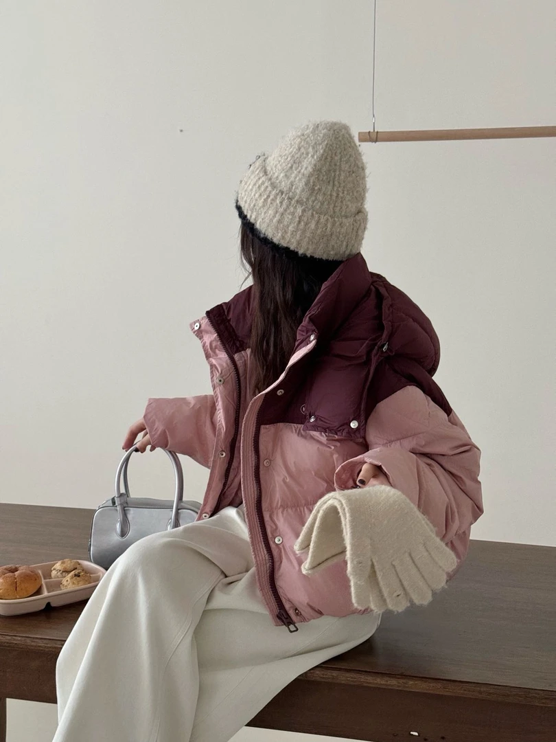 8092拼色时尚休闲百搭连帽宽松韩版秋冬款短款外套保暖加厚羽绒服